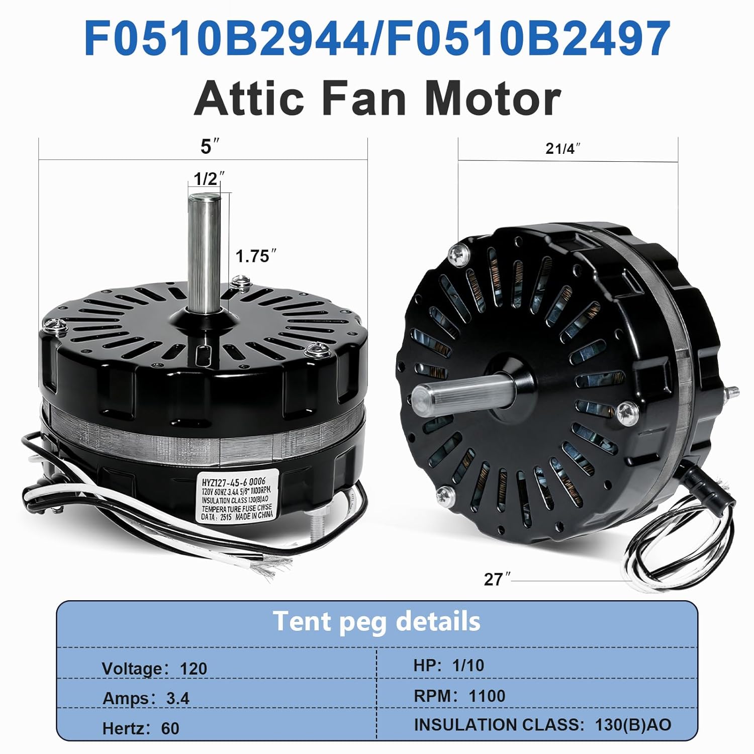 F0510B2944 F0510B2497 Power Vent Attic Fan Motor Compatible with Lomanco Lomancool 2000 & 1800 Series. 3.4 Aamps, 120 Volts, 1/10HP, 1100RPM Motor. (Black)