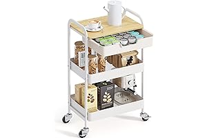 TOOLF Rolling Cart, 3-Tier Metal Utility Storage Cart with Drawer and Wooden...