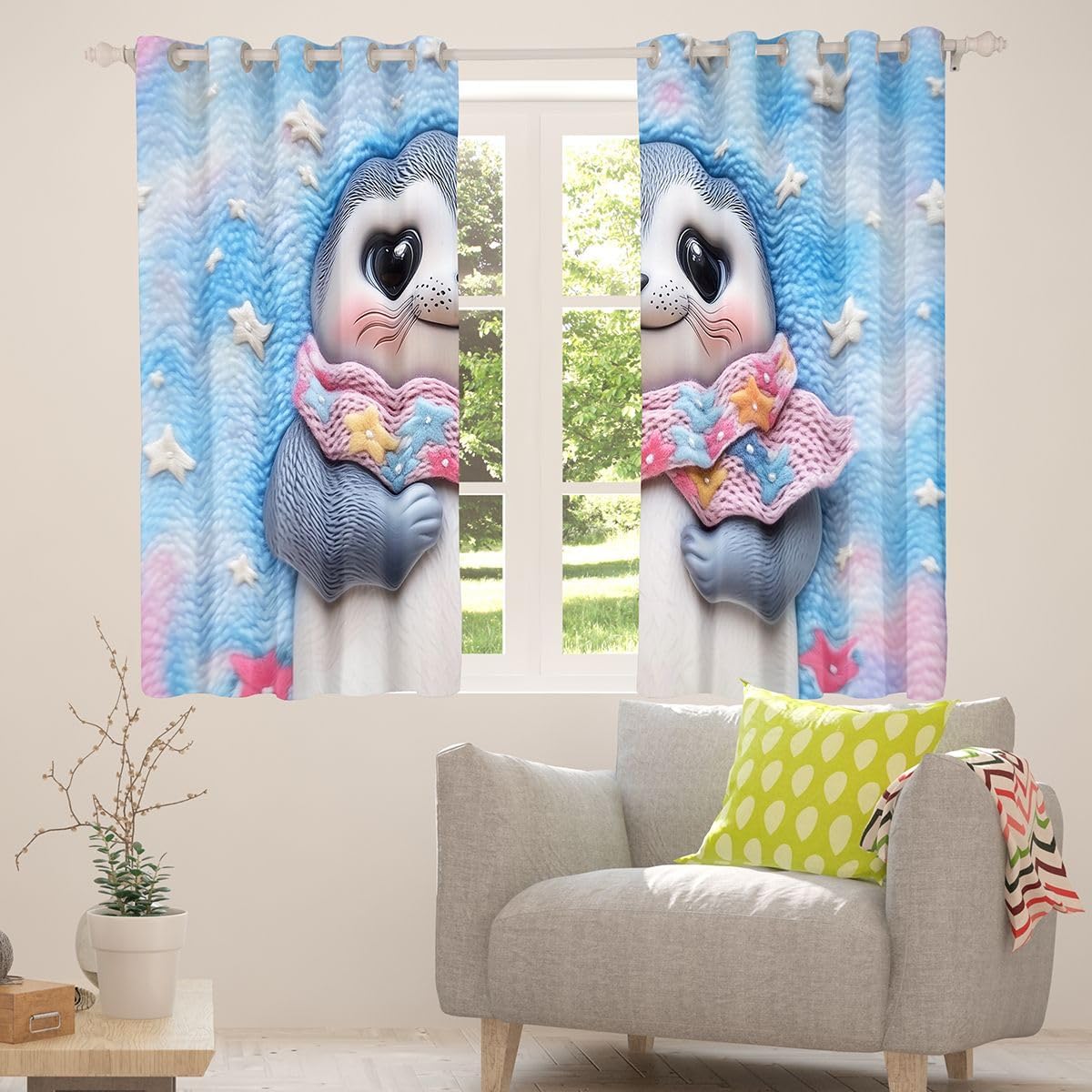Cute Seal Blackout Curtains for Bedroom for Girls Kids - 3D Cartoon Ocean Animal Seal Window Curtains 2 Panels 52"Wx63"L Dreamy Stars Fairy Tale Drapes,Kawaii Marine Animal Painting Window Treatments
