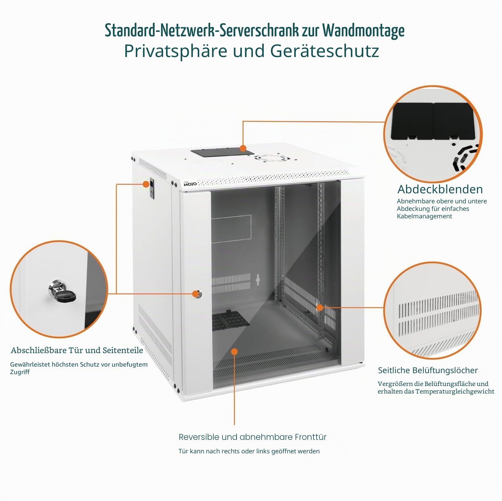 Tecmojo 12U 450 mm Tiefe Wandhalterung Serverschrank IT Netzwerk Rack Gehäuse abschließbare Tür und Seitenwände weiß, Standard-Glastür, für 19 Zoll IT-Geräte, A/V-Geräte, Weiß, flach verpackt