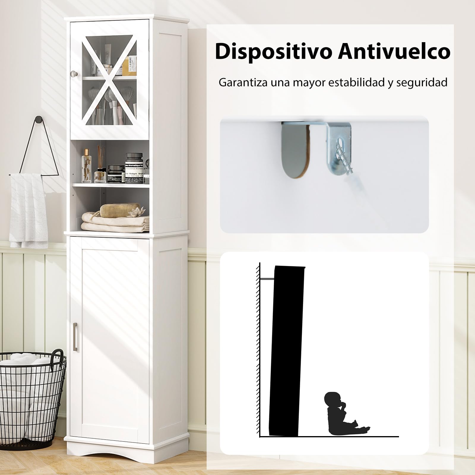 COSTWAY Armario Alto, Mueble Columna de Baño con 2 Puertas y 2 Compartimentos Abiertos, Armario Independiente de Despensa con 5 Estantes Ajustables, Mueble Estrecho con Dispositivo Antivuelco