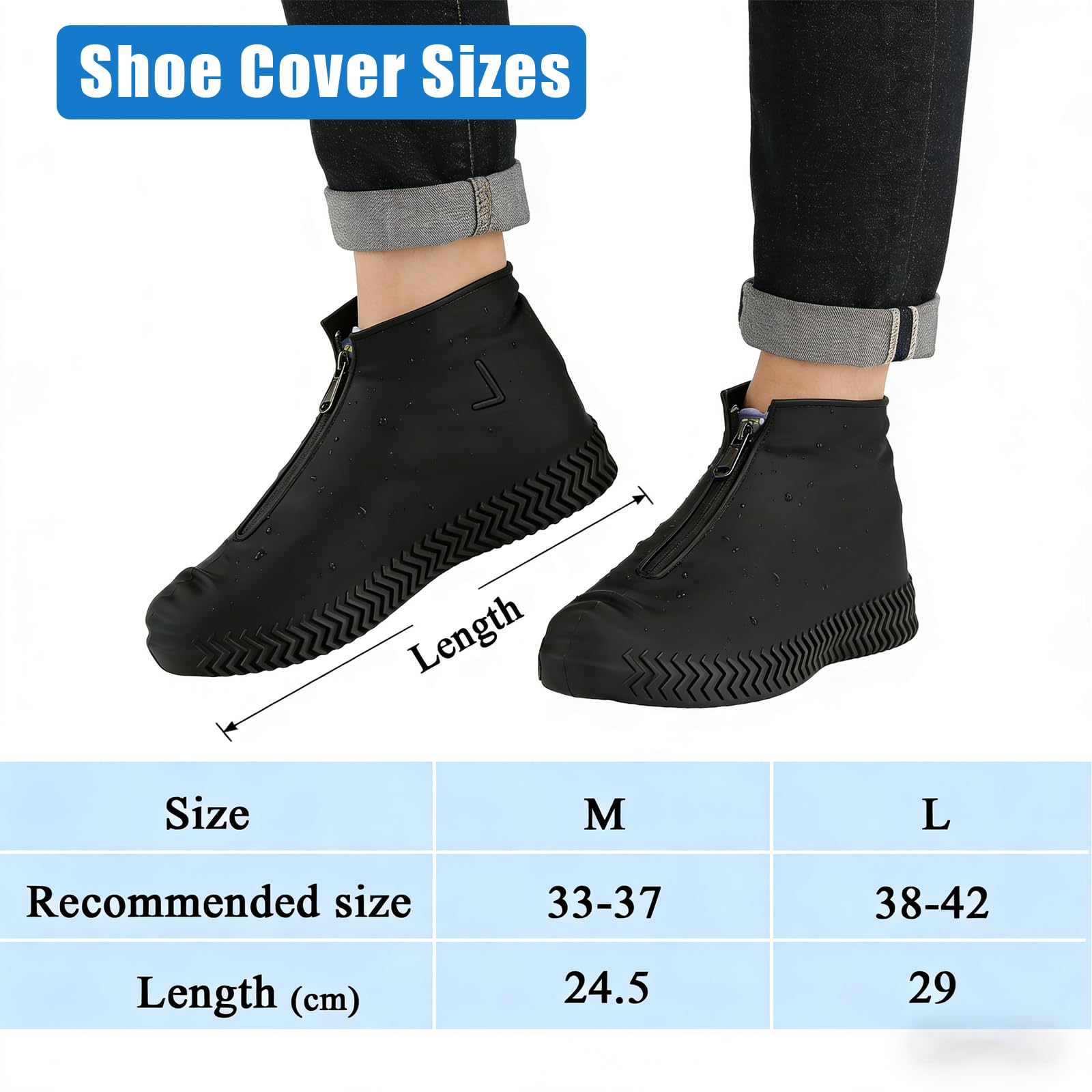 Ahigh Schuhüberzieher Wasserdichte, 2 Paar mit Reißverschluss, Rutschfeste Silikon-Überschuhe für Damen und Herren, Faltbar Tragbar für Outdoor, Alltag, Arbeit