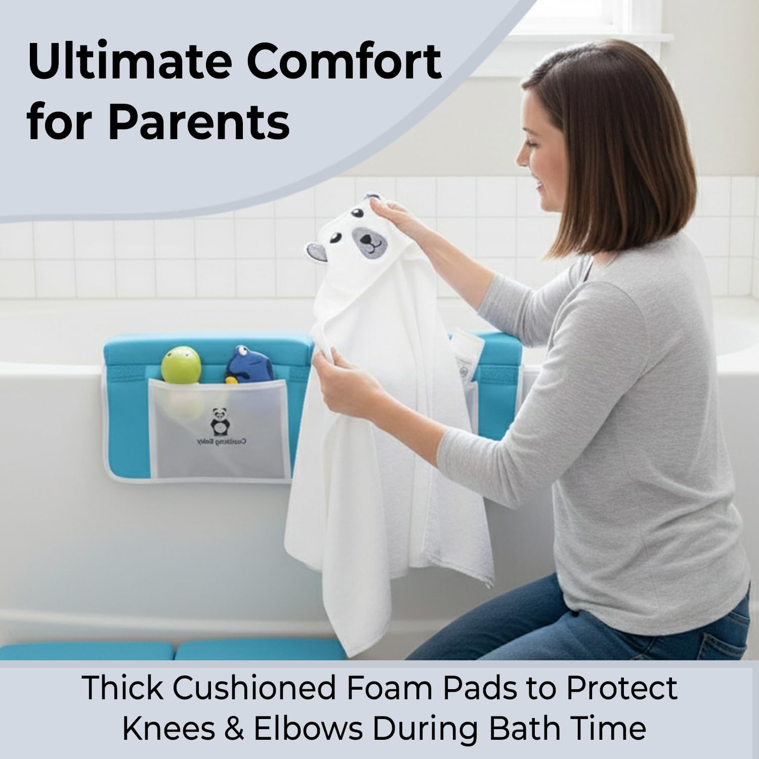 Blue Bath Kneeler & Elbow Rest Pad Set with Baby Bath Towel, Hooded, Bear image 4