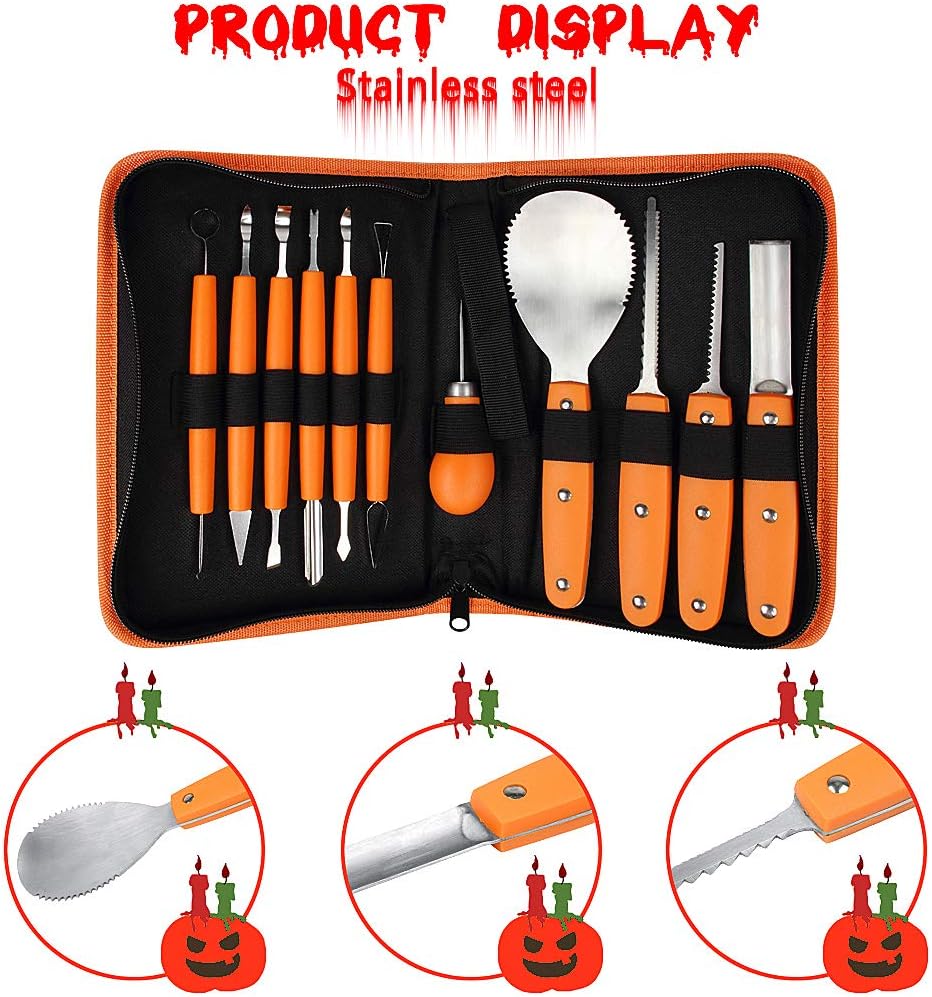 Professional Pumpkin Carving Kit, 11 Pieces Heavy Duty Stainless Steel Carving Tools for Halloween with Carrying Case and 10 Pcs Carving Templates - Orange