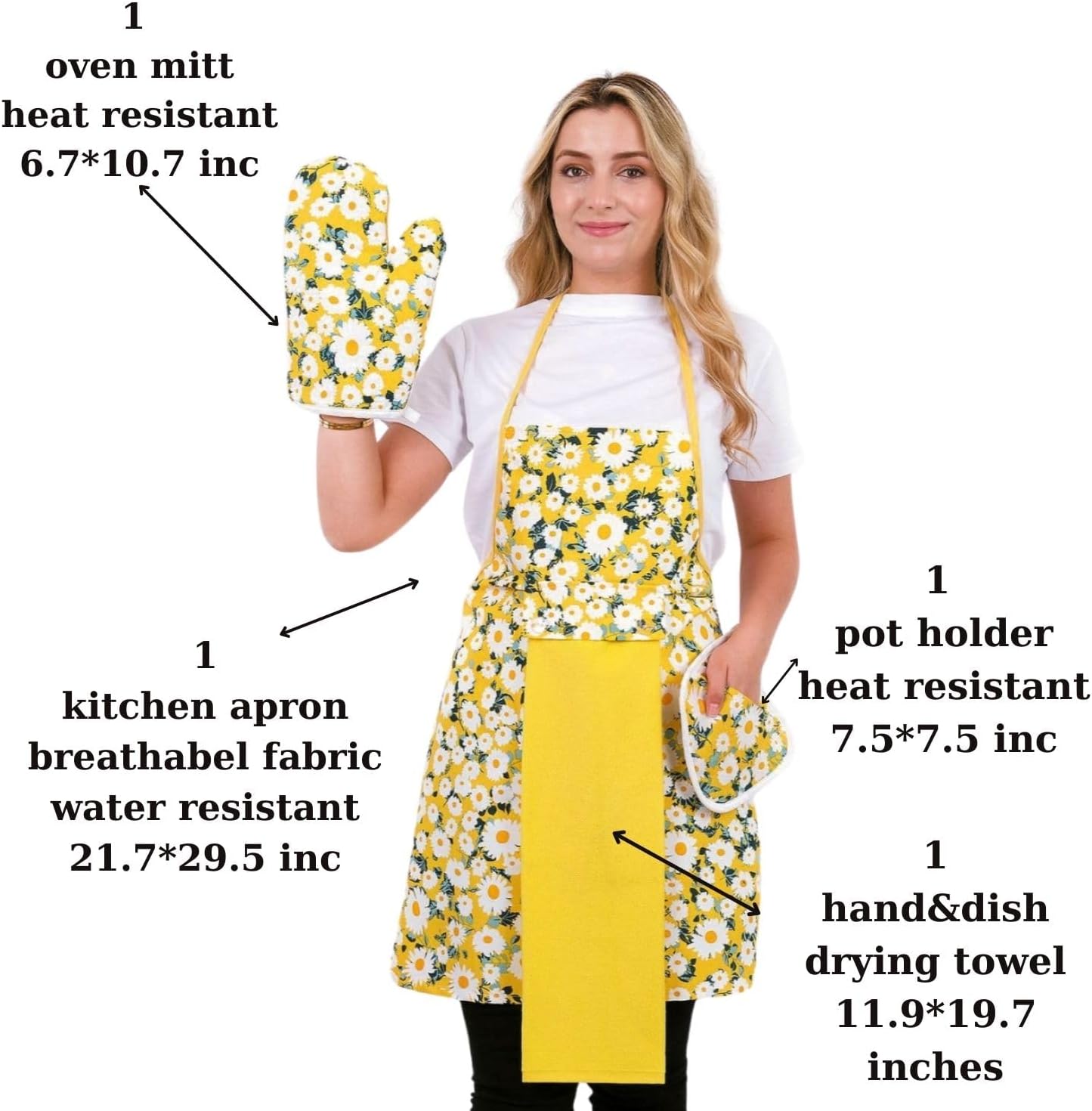 Floral Kitchen Apron and Oven Mitt Set-(4 pieces); Multicolor Waterproof Apron - Oven Mitt - Pot Holder - Hand Towel - Image 2