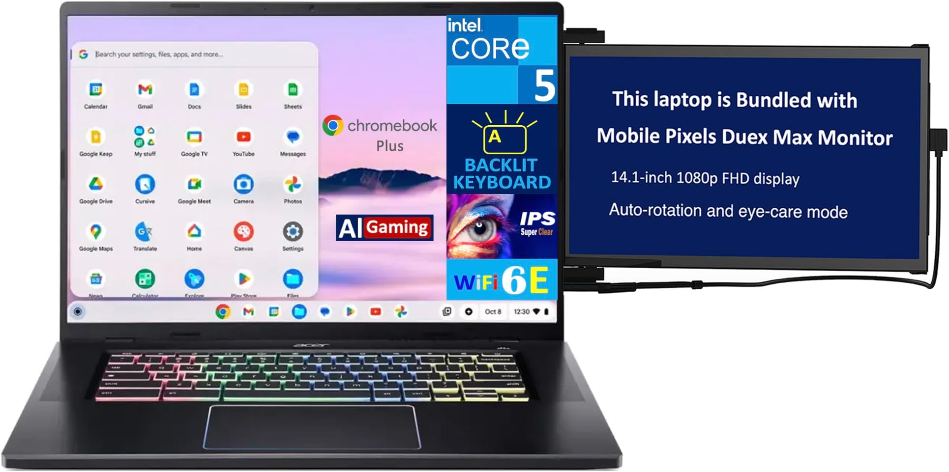 acer Chromebook Plus AI Gaming Laptop 16.0" 120Hz IPS WQXGA Display (Intel Core 5 120U, Intel Graphics, 8GB LPDDR4X, 256GB SSD, Backlit KB, WiFi 6E, Webcam, Chrome OS) w/Duex Max DS Monitor