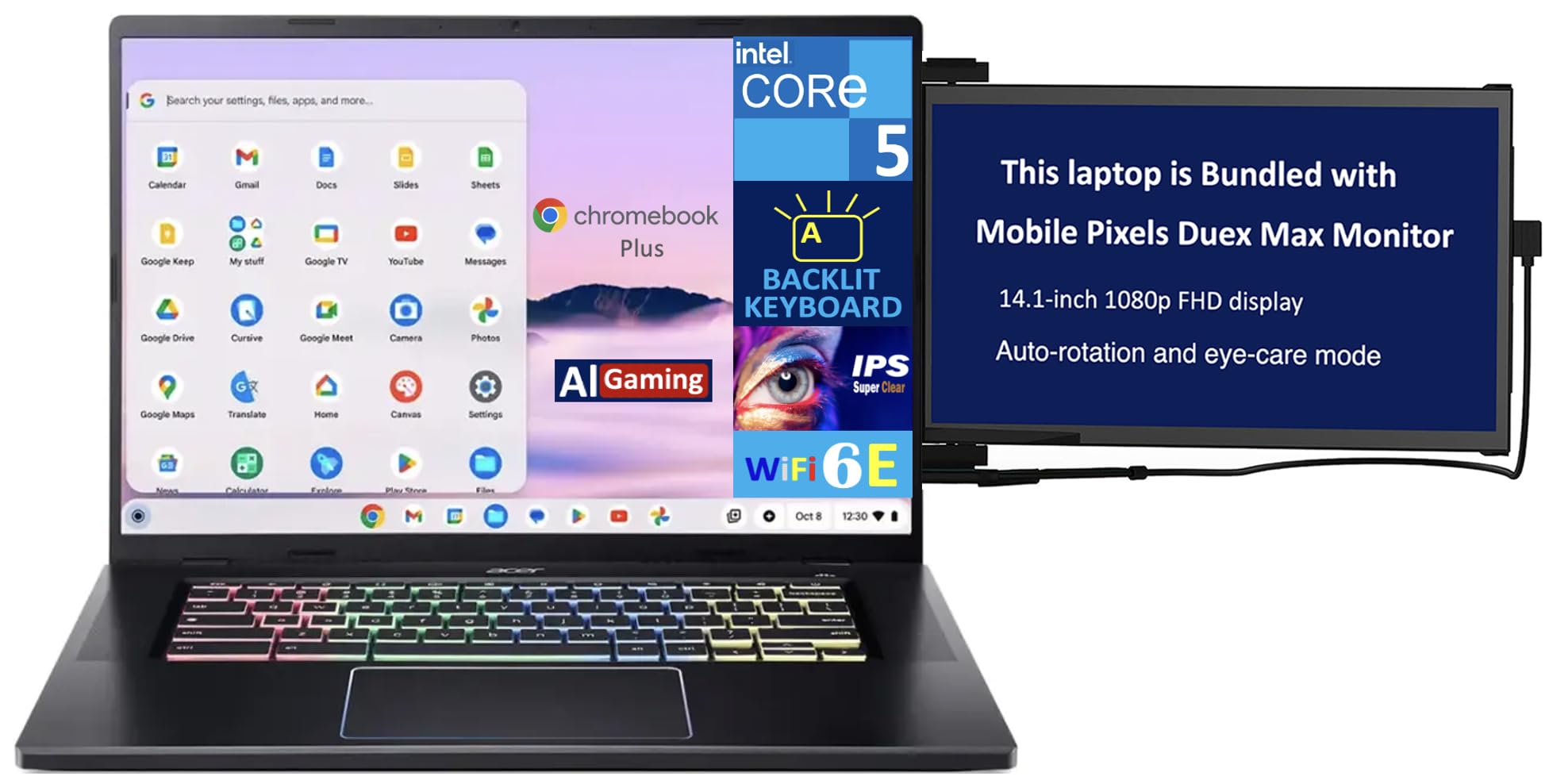 acer Chromebook Plus AI Gaming Laptop 16.0" 120Hz IPS WQXGA Display (Intel Core 5 120U, Intel Graphics, 8GB LPDDR4X, 256GB SSD, Backlit KB, WiFi 6E, Webcam, Chrome OS) w/Duex Max DS Monitor