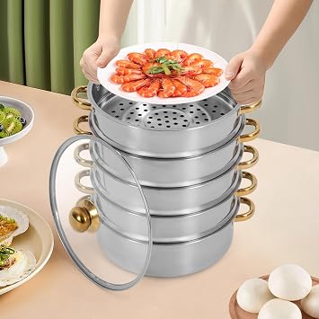 Xuthusman 5 Tier Stainless Steel Steamer,11.81 inch Stackable Steamer Cooker Multipurpose Steam Cookware with Transparent Lid Multi Tier Cookware Pot with Handle for Vegetables Seafood