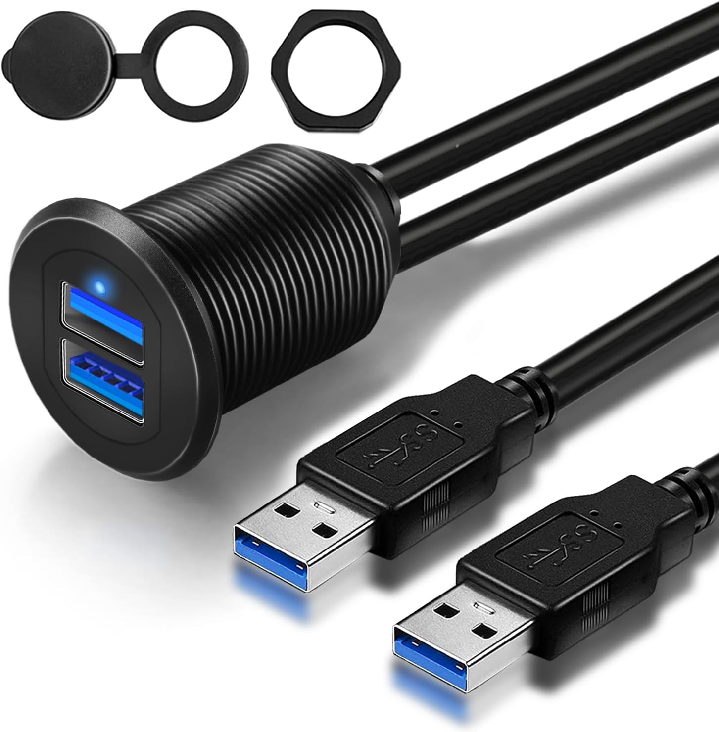 Double Port USB 3.0 Car Mount Flush Cable, USB3.0 Male to Female Car Mount Extension Cable for Boat Dashboard Panel 1ft