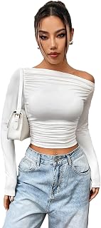 Istyle Can Solid Black Color Asymmetric Collar Pleated Cropped Top - Asymmetrical Neck, Ruched Design, Regular Sleeve, Cas... Price In India