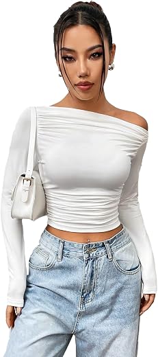 Istyle Can Solid Black Color Asymmetric Collar Pleated Cropped Top - Asymmetrical Neck, Ruched Design, Regular Sleeve, Cas...