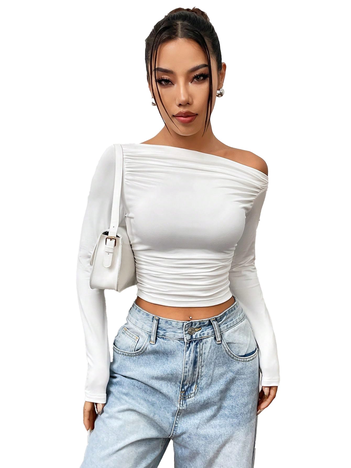 Solid Black Color Asymmetric Collar Pleated Cropped Top - Asymmetrical Neck, Ruched Design, Regular Sleeve, Casual, Long Sleeve | Full Sleeve, Crop Length, Slim Fit-image-34