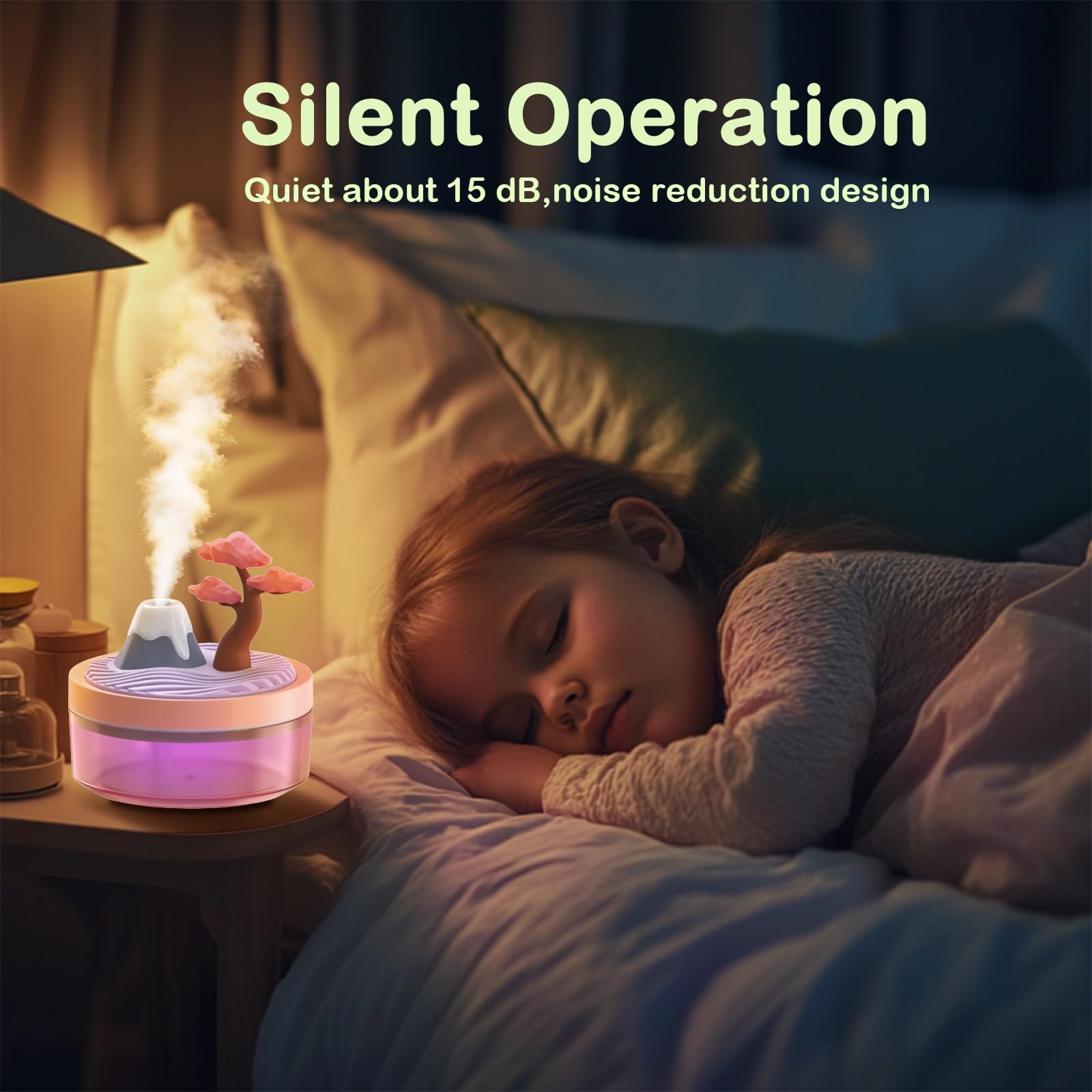 Umidificatore con luce notturna paesaggistica con 2 modalità di nebbia, serbatoio grande da 320 ml, silenzioso, per bambino/asilo/ufficio, mini idratante portatile