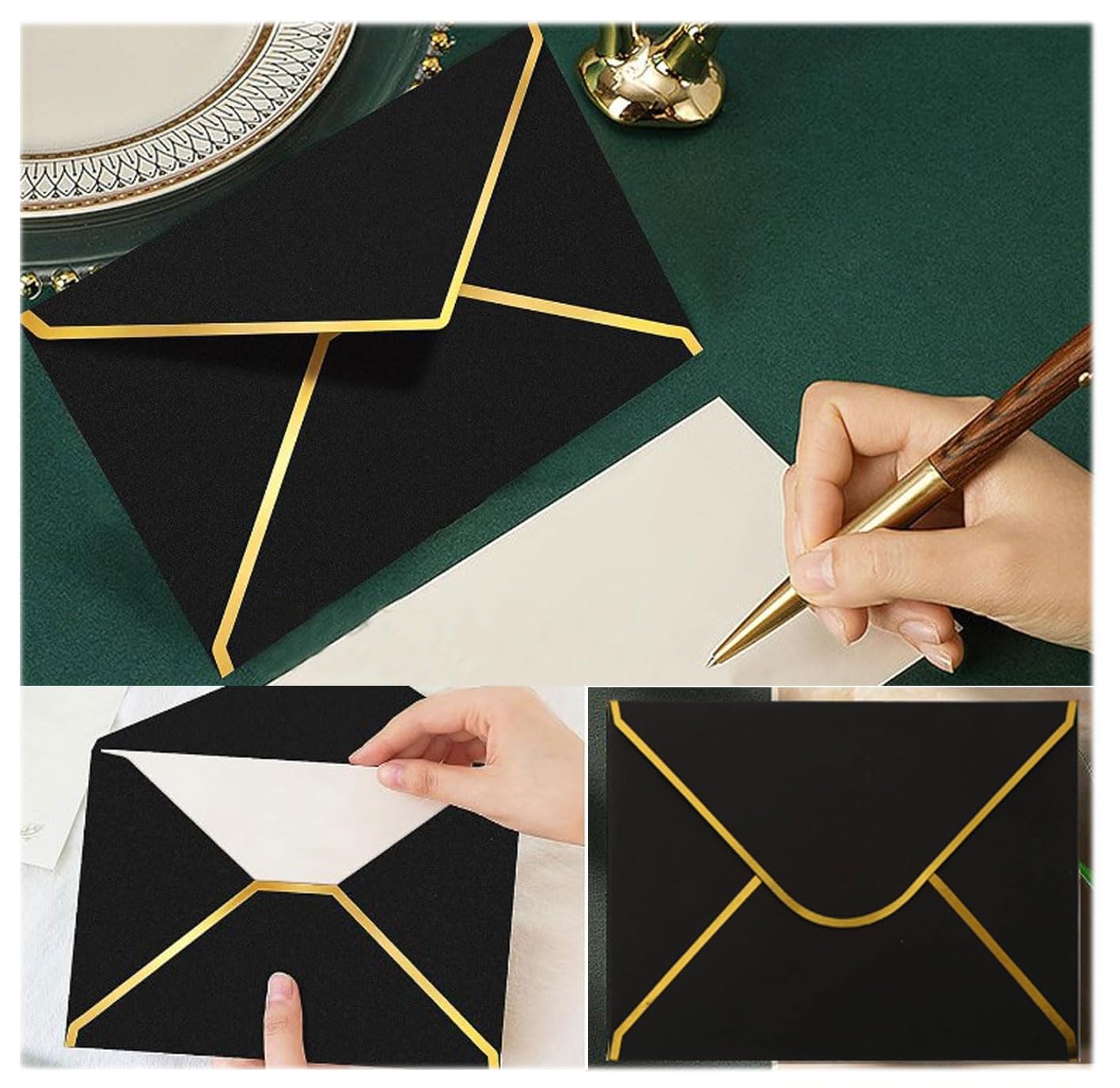 Lot De 50 Enveloppes Luxe Bleues 13,5 X 18,5 Cm - Papier Kraft Avec Bordure Dorée - Mariage, Anniversaire, Fête
