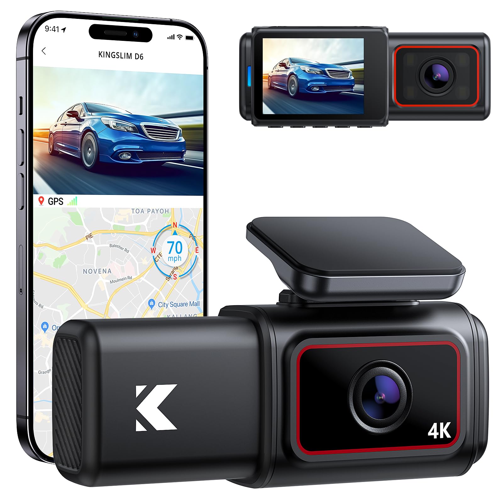 KingslimD6 4K Dash Cam Front and Inside, New Version Cabin Dual Dash Uber Car Camera with WiFi & GPS, 3 Channel Dashcam Upgradeable, Type C Charging, 256GB Supported, Night Vision, Parking Monitor