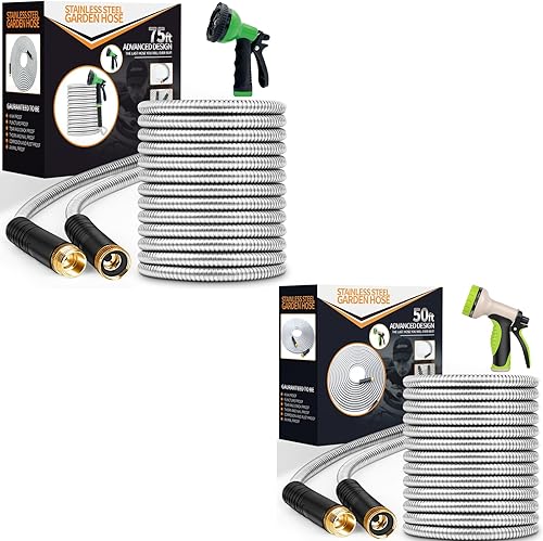 Manguera de jardín de metal de 50 pies + 75 pies, manguera de agua resistente de acero inoxidable con boquilla de 10 funciones, flexible, ligera,