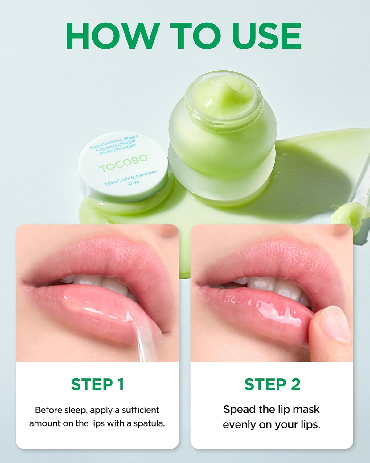TOCOBO Mint Cooling Lip Mask – Cooling Relief Lip Sleeping Mask for Dry, Irritated Lips – Apple Mint + Tea Tree-Derived 4-Terpineol & Olive Oil – Soft Melting Texture, Fresh Herb Scent, 0.68 oz.