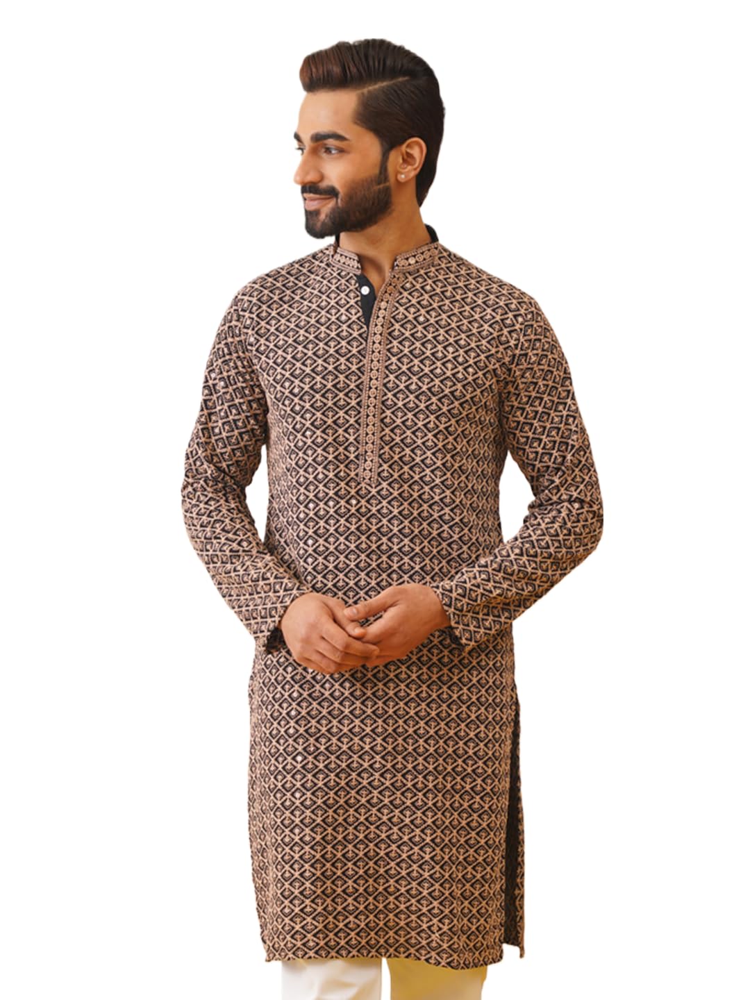 Jompers Men's Brown Sequin Embroidered Pure Cotton Kurtas. (Brown, M)