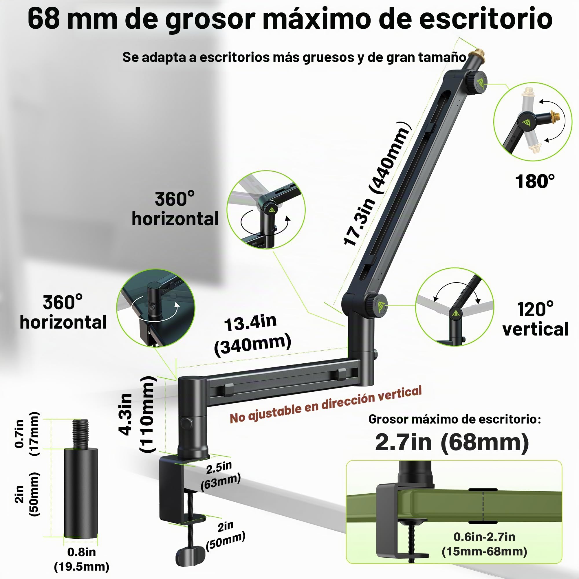 Brazo de suspensión bajo perfil (diseñado para micrófonos pesados) - Capacidad de carga de 3 kg, estructura de bloqueo de engranaje estable que nunca se baja, soporte de micrófono de metal montado en