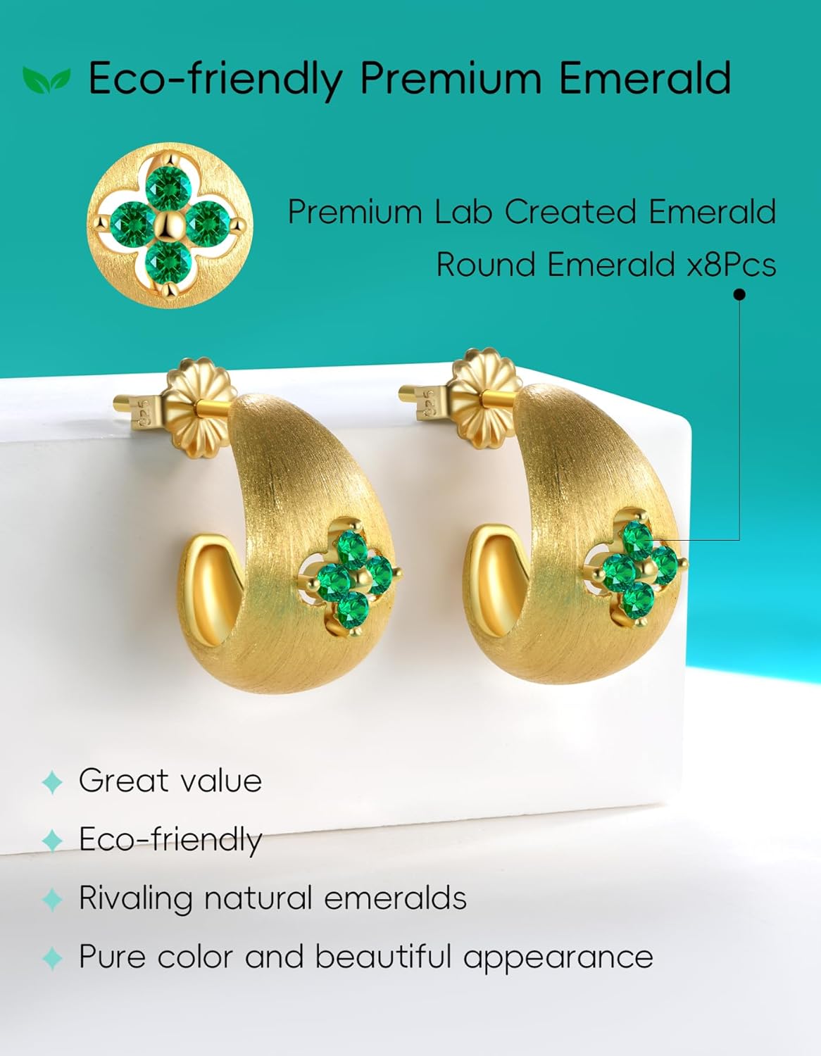 Clover Hoop Earrings for Women Gifts with Lab Grown Moissanite|Lab Grown Emerald|18K Gold Plated S925 Sterling Silver Non Tarnish - Image 4