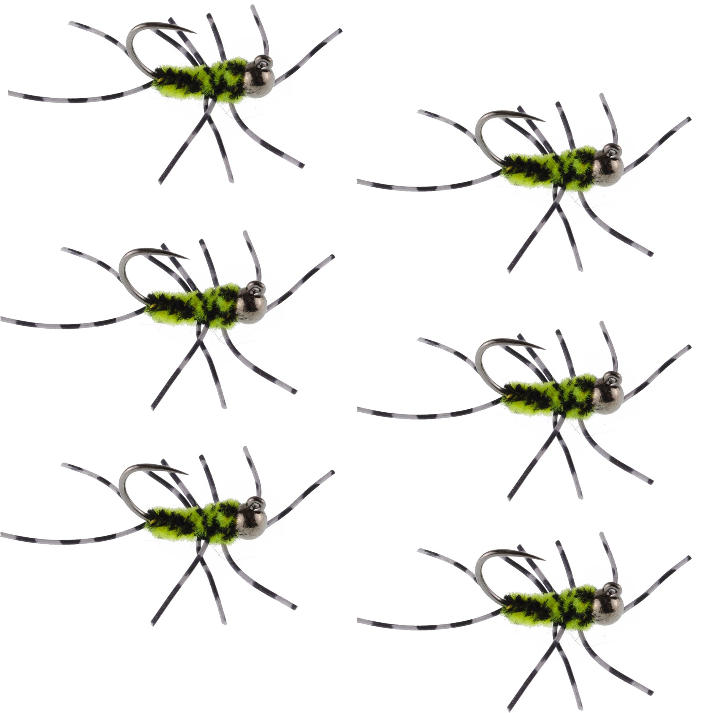 The Fly Fishing Place Tungsten Bead Jigged Pat's Rubber Legs Nymph - Chartreuse and Black Barred Legs - 6 Flies Hook Size 6