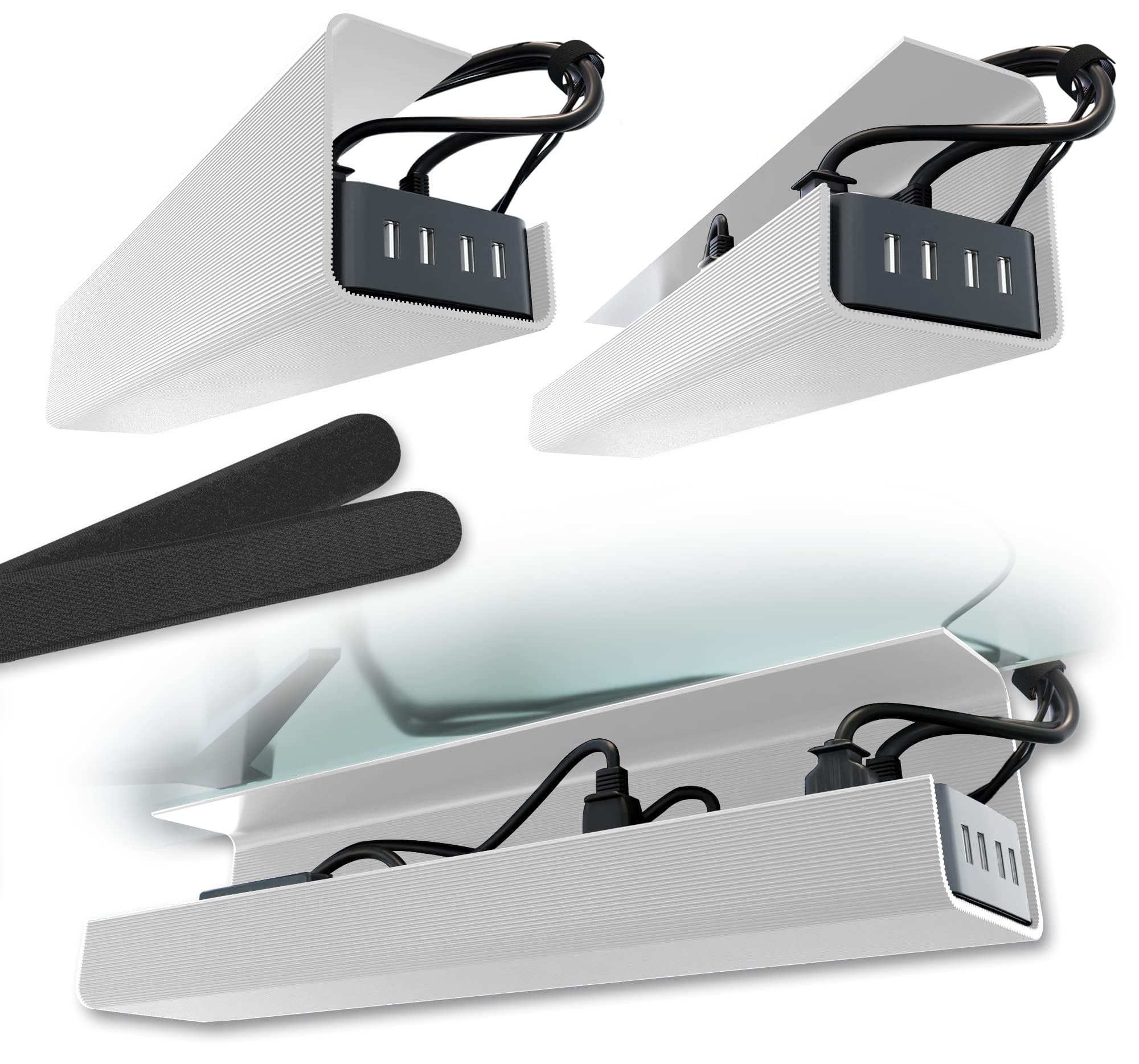 No-Screw Under Desk Cable Management Tray - Self-Adhesive Installation, Cord Management, Cable Tray, Under Desk Wire Organizer - White Set of 2