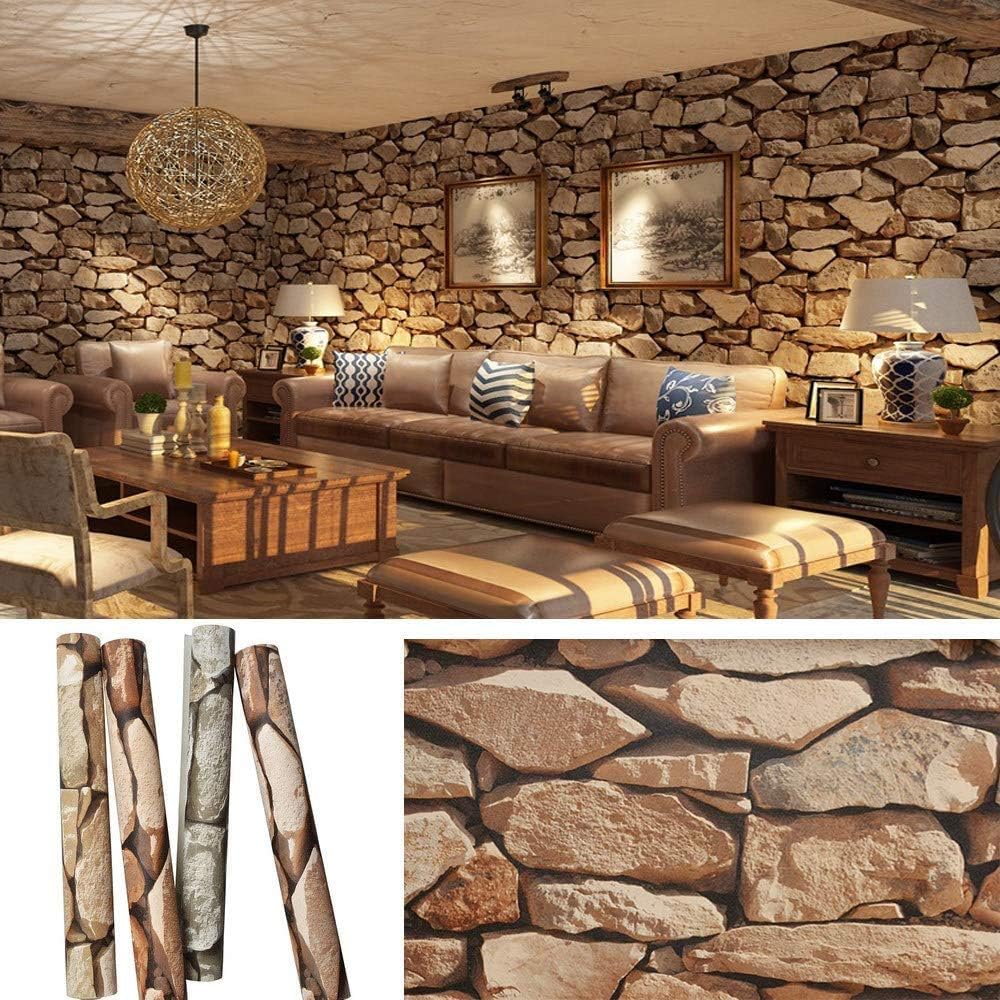 Rock Stone Wallpaper 374" X 20.8" Rustic Brick Retro Contact Paper 57 Sqft Decorative Wallpaper Wall Decoration for Bathroom Bedroom Kitchen Coffee Shops,Brown