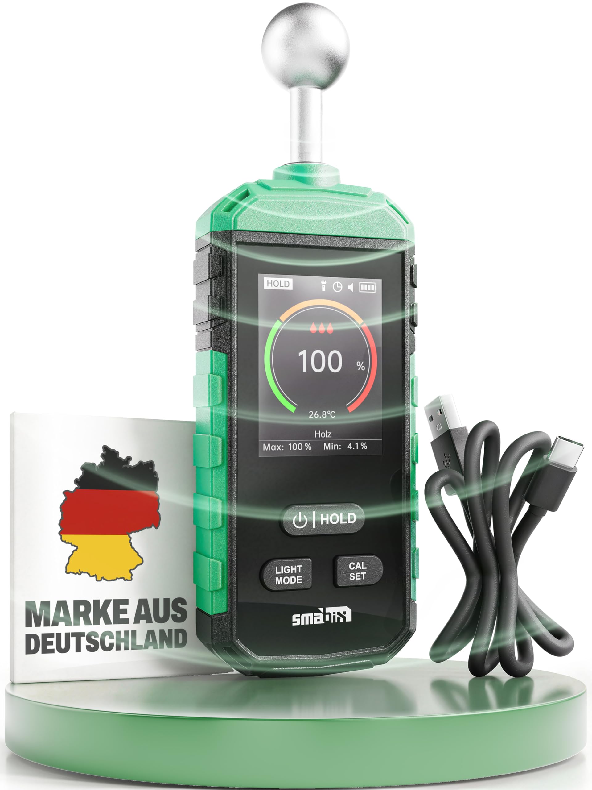 Smabix® Feuchtigkeitsmessgerät Wand I USB-C Akku, präzise Messung I geeignet für Holz, Beton, Granit, Gips – Profi Gerät - inkl. Taschenlampe, Feuchtemessgerät, Holzfeuchtemessgerät, Humidity Meter