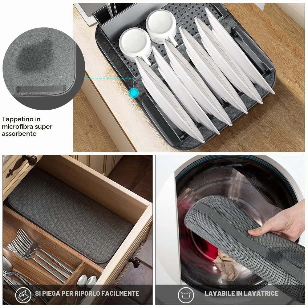 TTW Scolapiatti Pieghevole con Tappetino Arrotolabile Piccolo Scolapiatti sopra il Lavello per Bicchieri Piatti e Utensili perfetto per proprietari di casa, campeggio o camper