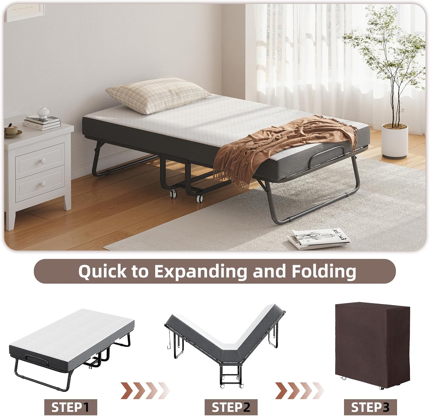CAIYUN Folding Bed with Mattress and Storage Cover - 75"x38" Twin Size Frame, Portable Rollaway Guest Bed with 5-inch Memory Foam Mattress, Space-Saving Foldable Design for Easy Storage