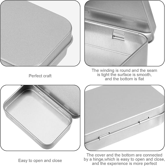 Silver Metal Rectangular Empty Hinged Tins Tin Containers, 3.7 x 2.3 x 0.8 Inch Small Storage Container, Mini Portable Storage Box with Lid for Candy Key Earrings Food Storage