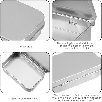Silver Metal Rectangular Empty Hinged Tins Tin Containers, 3.7 x 2.3 x 0.8 Inch Small Storage Container, Mini Portable Storage Box with Lid for Candy Key Earrings Food Storage