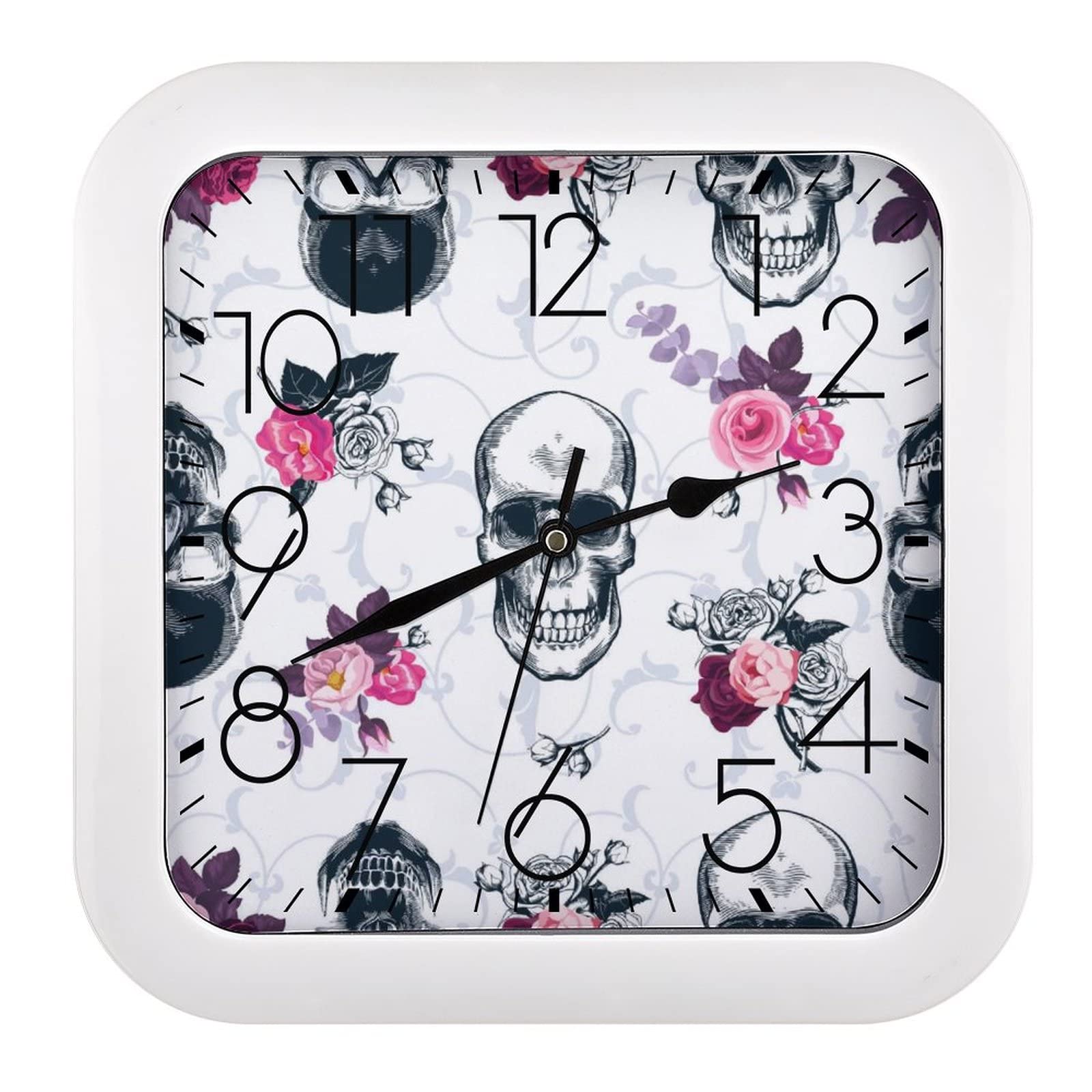 Horloge fleur crâne carrée pour salon et cuisine : décoration murale originale 26x26cm