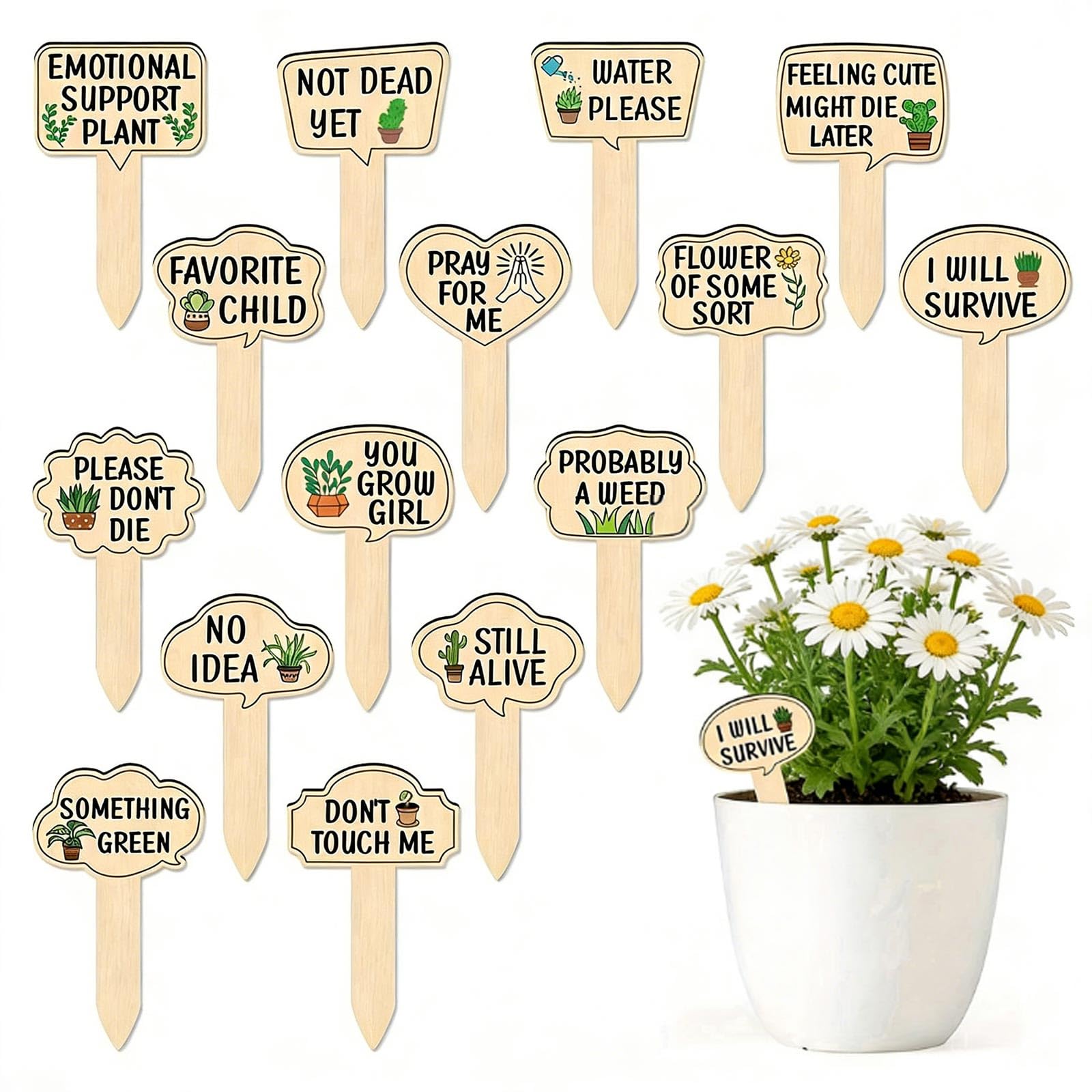 15 Pcs Plants Markers, Wooden Plant Labels, Funny Plants Signs Stake, Cute Patterns Tags Labels with Interesting Words, Plant Gift for Outdoor Indoor Patio Supplies Novelty Gifts