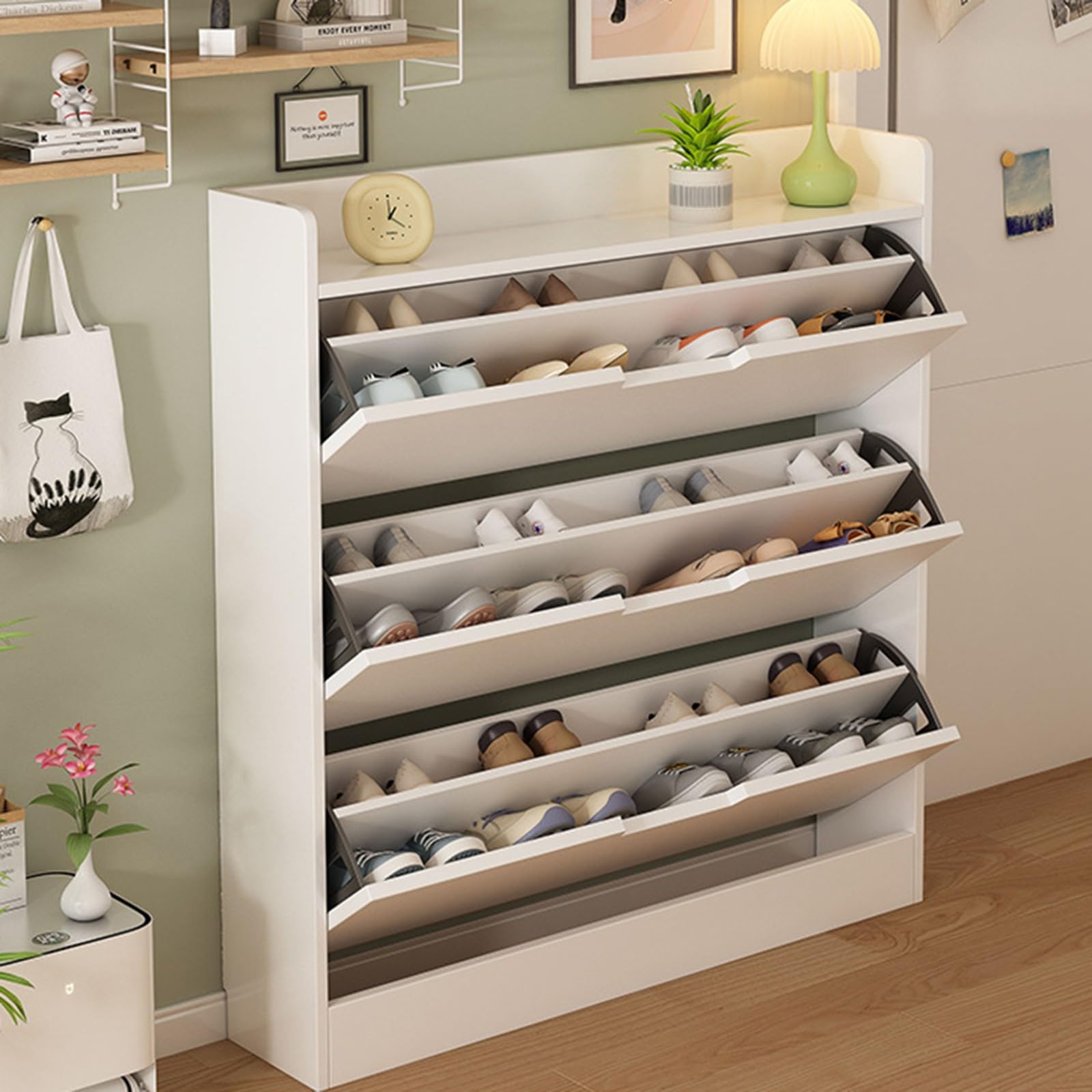 Meuble à Chaussures Blanc Rangement Chaussure 3 Abattants Armoire de Rangement Bois Massif Armoire à Chaussures Étroite Étagères Réglables Tiroir Double Porte Chaussures Couloir Entrée A,100*24*111CM