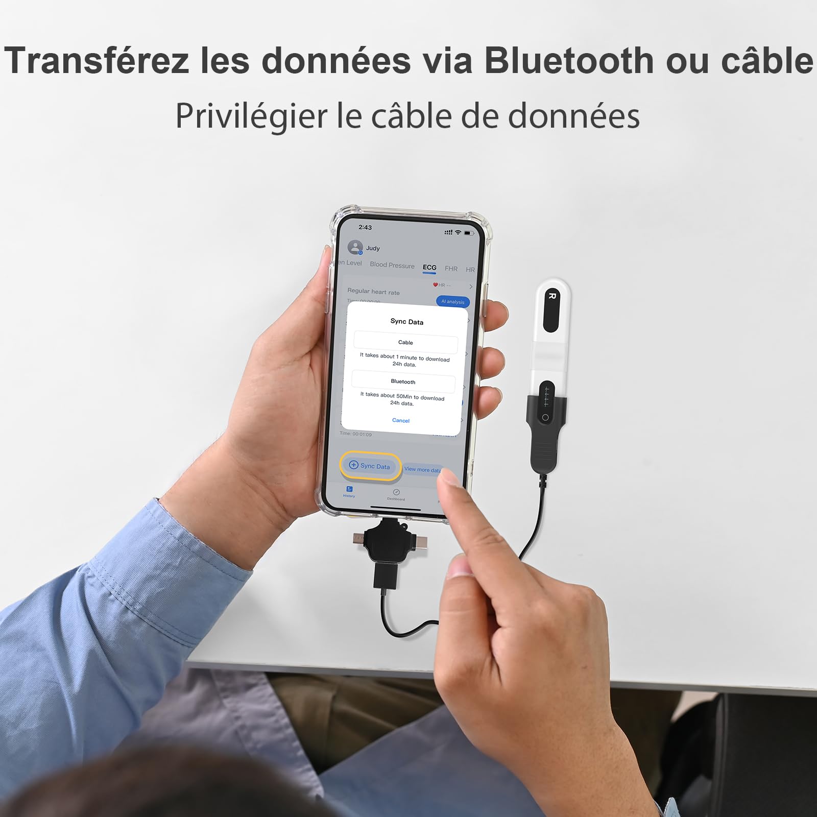 CheckMe ER1-LW Moniteur ECG Portable 72 Heures avec Analyse ECG AI, Fonction Marqueur D'événement ECG, App & PC-software, Compatible avec Les Électrodes à pression de 4 mm