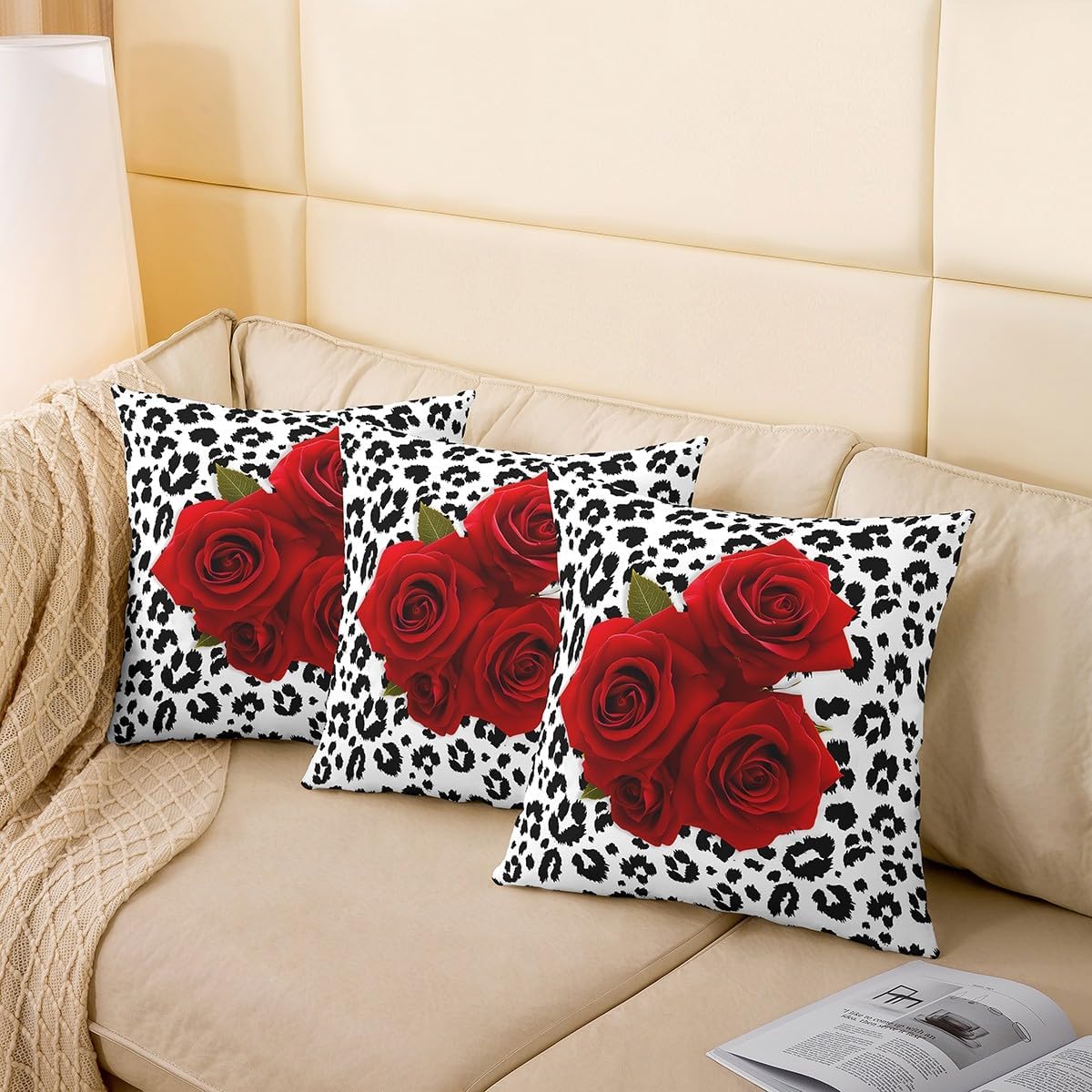 Red Rose Pillow Covers Black White Leopard Print Abstract Flowers Cushion Covers for Teens Adults Wild Animal Skin Print Rustic Style Cushion Cases for Bedroom Couch Office 24x24 Inch Set of 2