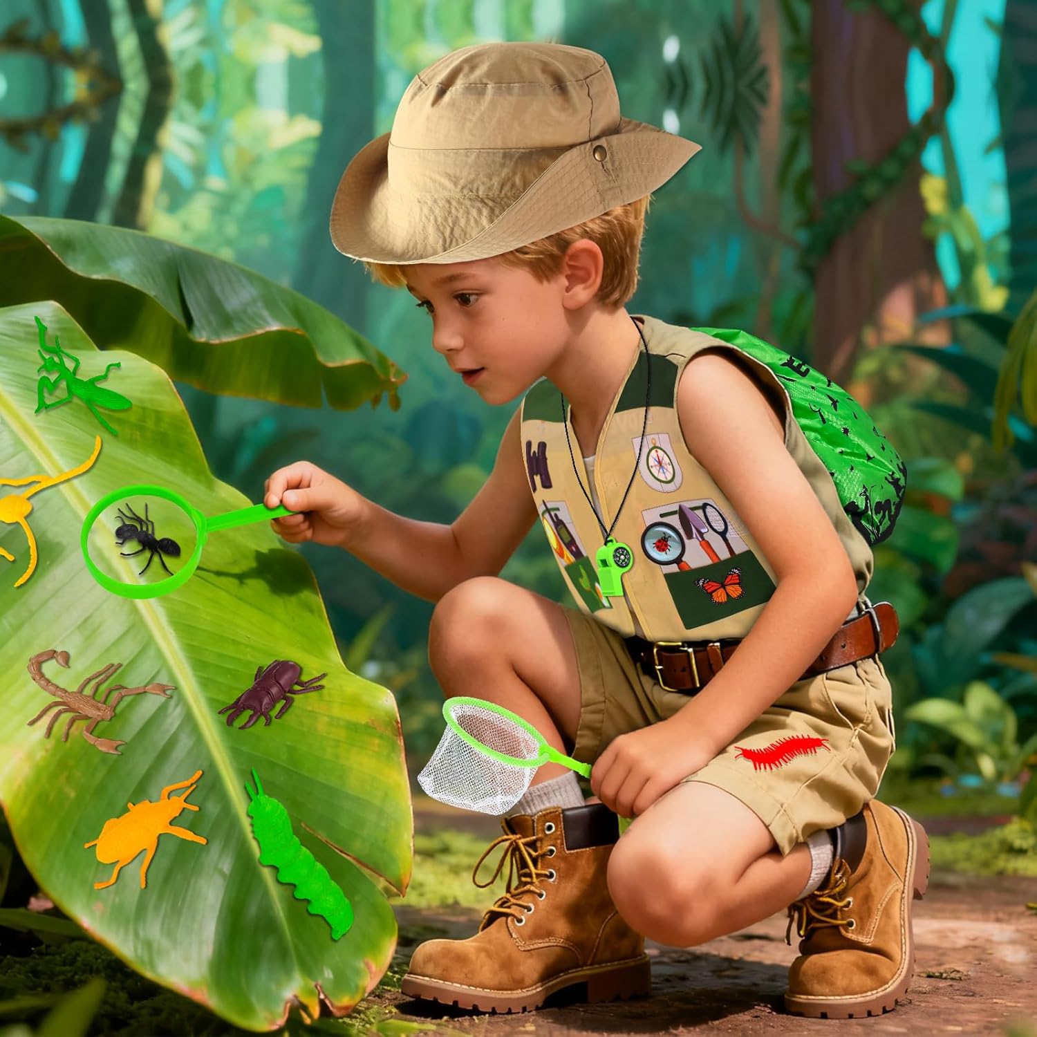Kyson Kids Explorer Costume and Bug Catcher Kit 22Pcs with Vest,Hat,Net,Tweezers-Safari Camping Adventure Gear for Outdoor Exploration Ages 3-8 Boys Girls (Khaki)