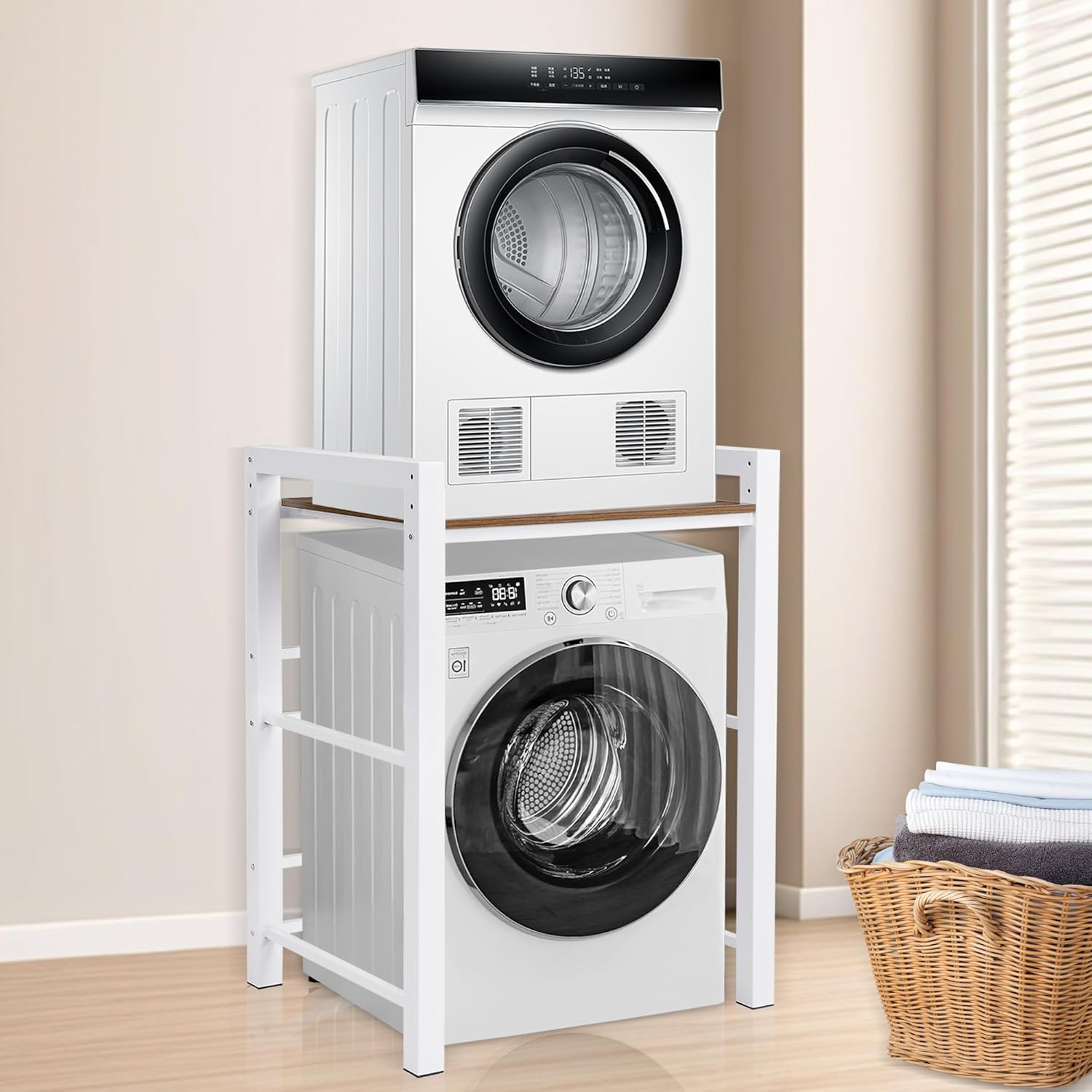 Over Washer and Dryer Shelves, Washer Dryer Stacking Rack Stand with 3 Adjustable Height, Over the Washer and Dryer Storage Shelf Load Capacity 661lb, Washing Machine Shelf for Laundry Room Bathroom