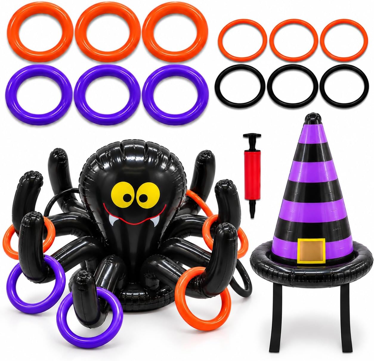 4E's Novelty Halloween Ring Toss Game with Inflatable Spider & Witch Hat - 2 Pack Set Game Combo for Halloween Party Game Activity Indoor Outdoor Fall Carnival Game