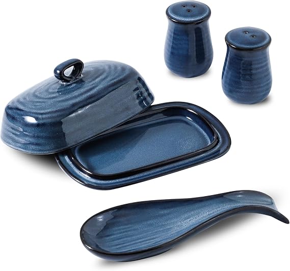 Hasense Ceramic Butter Dish and Spoon Rest, Salt and Pepper Shakers 4 in 1 Set, 7.3 Inch Butter Dish with Lid and 8.7 Inch Spoon Holder for Stove Top, 2.2 Inch Salt Shakers for Kitchen Cooking, Blue