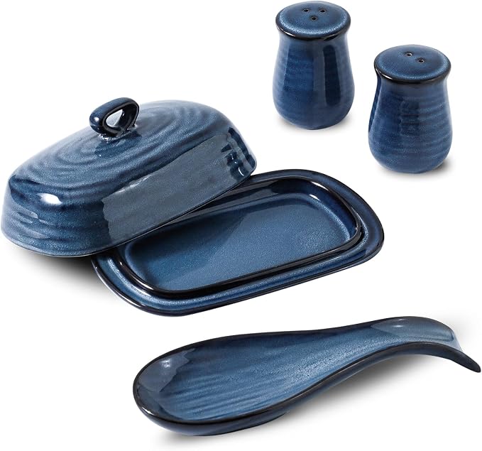 Hasense Ceramic Butter Dish and Spoon Rest, Salt and Pepper Shakers 4 in 1 Set, 7.3 Inch Butter Dish with Lid and 8.7 Inch Spoon Holder for Stove Top, 2.2 Inch Salt Shakers for Kitchen Cooking, Blue