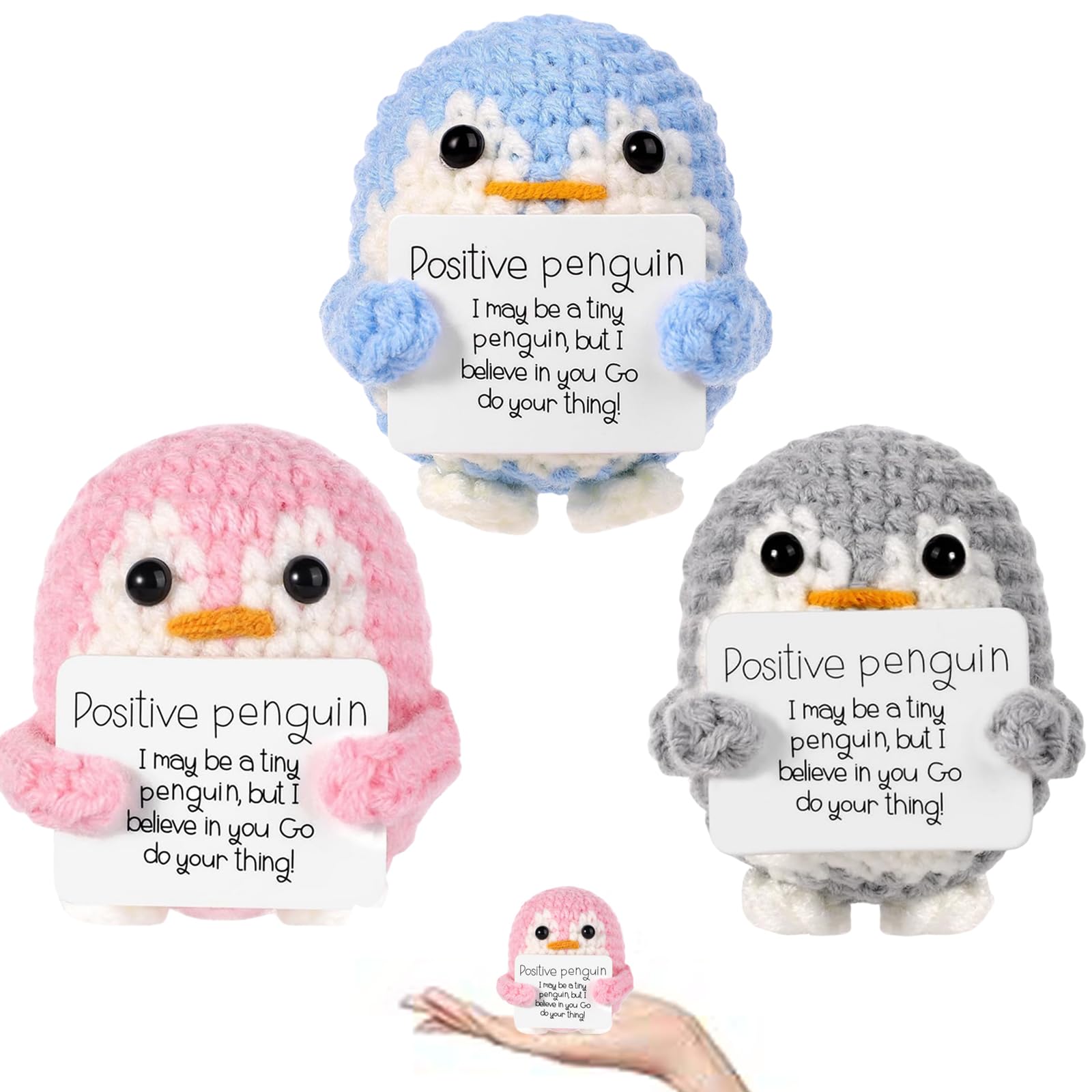 EujRcf 3 PCS Positive Penguin, Knitted Doll, Mini Funny Positive Penguin, Knitted Positive Gifts with Cards for Family Friends Encouragement Party Decoration(Grey+Pink+Blue)