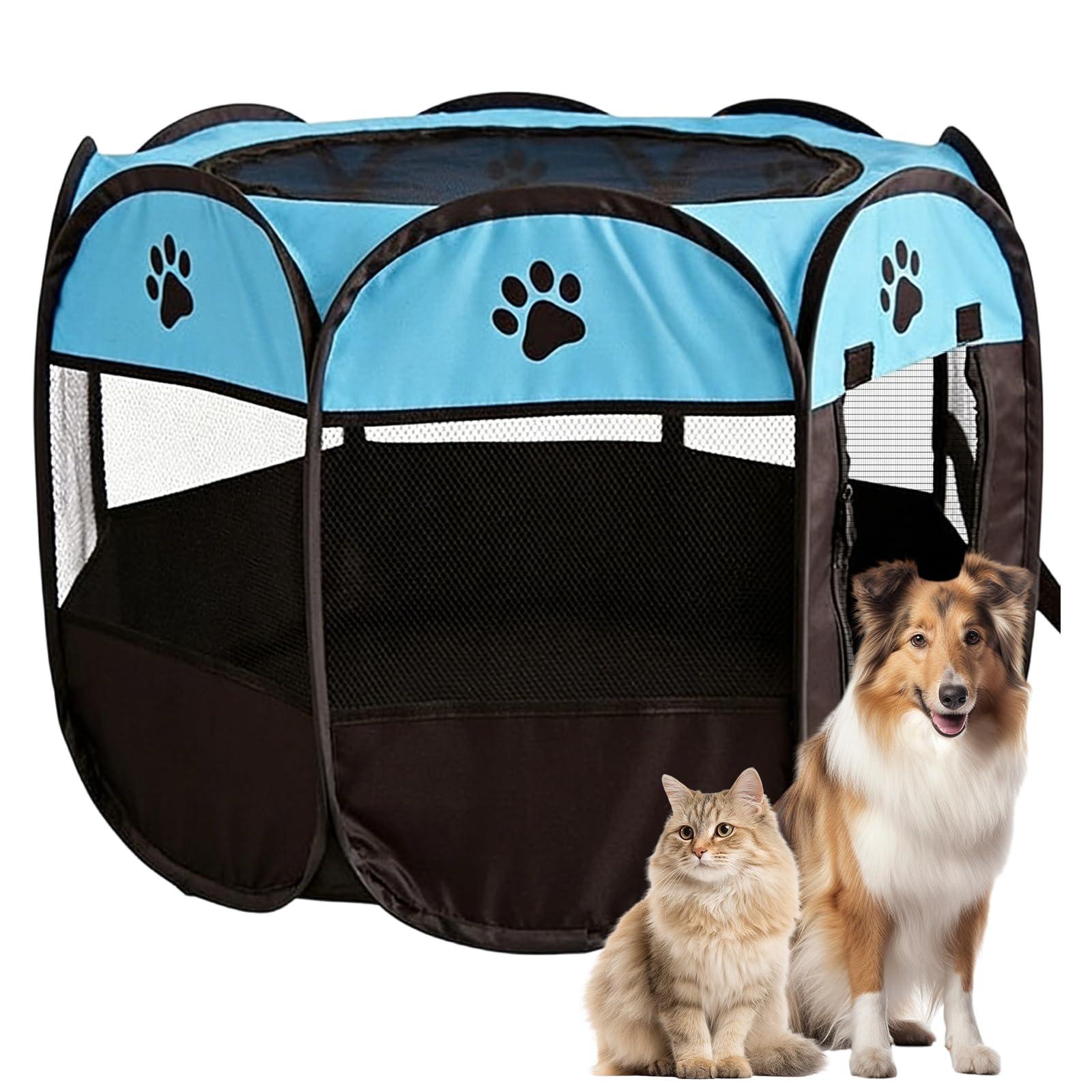 Parque para Perros Plegable, Parque para Gatos para Interiores y Exteriores, Tela Oxford Impermeable, para Cachorros, Gatos, Perros, Conejos, 74 x 74 x 43, Negro-Azul