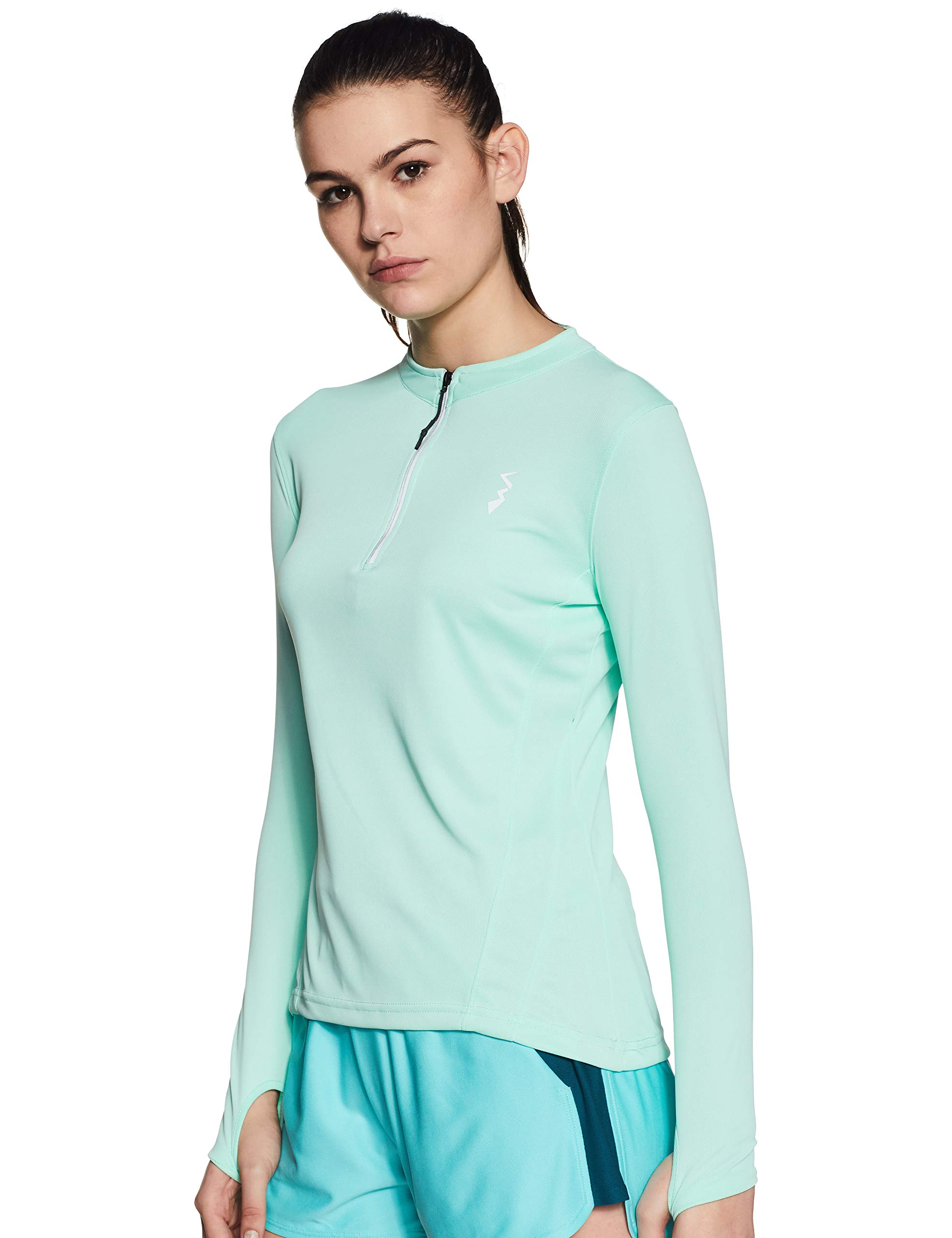 Camiseta deportiva básica negra medianoche para mujer, para uso casual, cuello alto, manga larga, cierre de media cremallera, camiseta de poliéster fabricada con ajuste cómodo para el uso diario