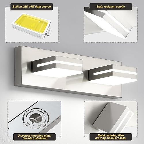 Miniatura 6 de OKELI Lámpara de tocador de baño de 2 luces de níquel cepillado moderna lámpara frontal para baño, escaleras, pasillo, mesita de noche, regulable,