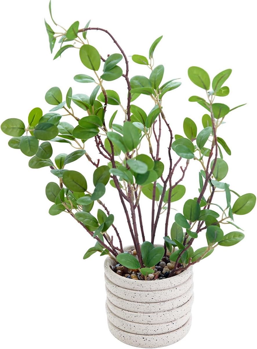AlphaAcc 12 ” Artificial Leaf Fig Plant White Planter Tabletop Home Decor | Life Like Potted Fake Green Plastic Plant for Kitchen Office Desk Decor with Faux Succulent Leaves