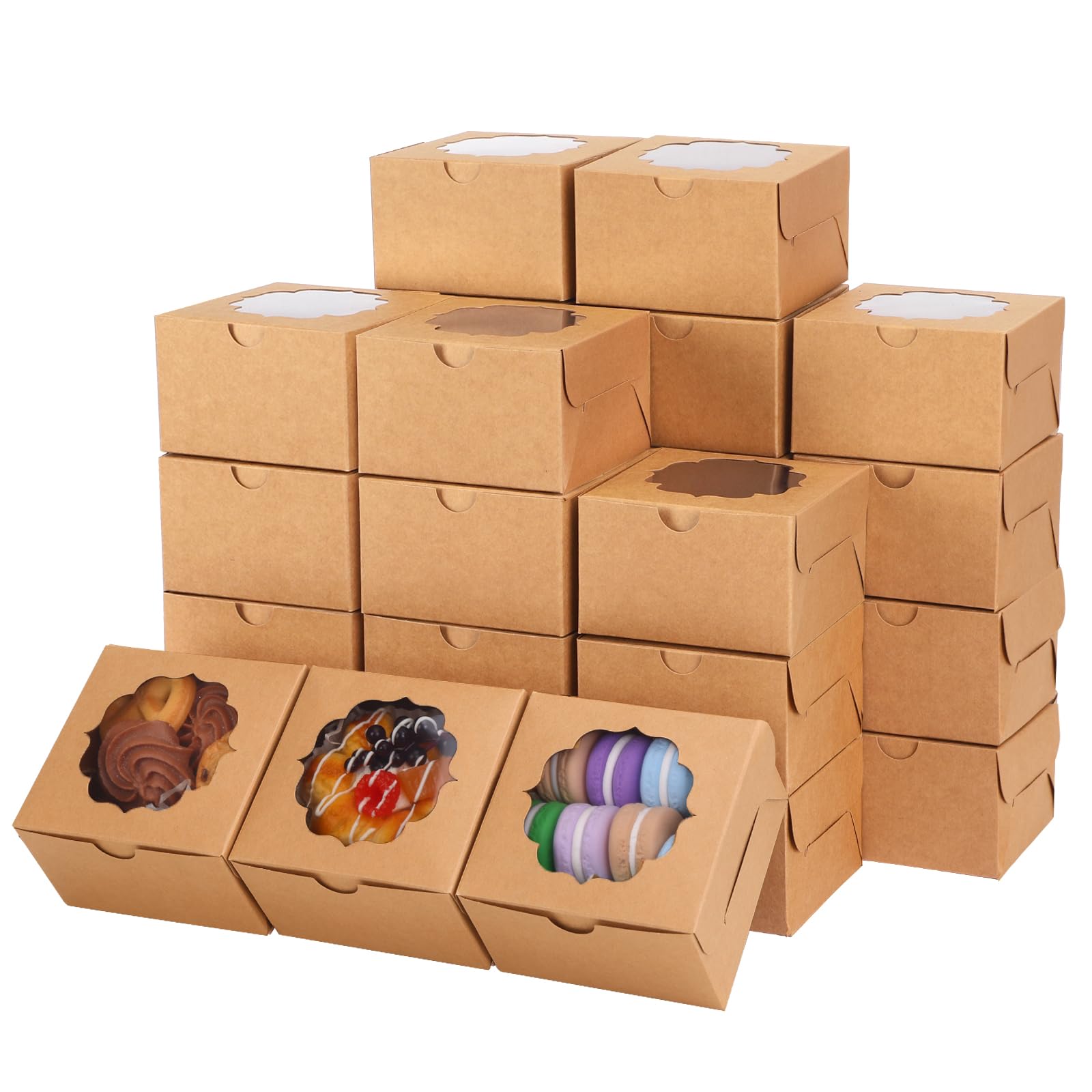 Tomnk 100 cajas de panadería marrones de 4 x 4 x 2.5 pulgadas, pequeñas cajas de galletas Kraft para hornear con ventana para dulces postres, chocolate, fresas, magdalenas, donas y recuerdos de fiesta