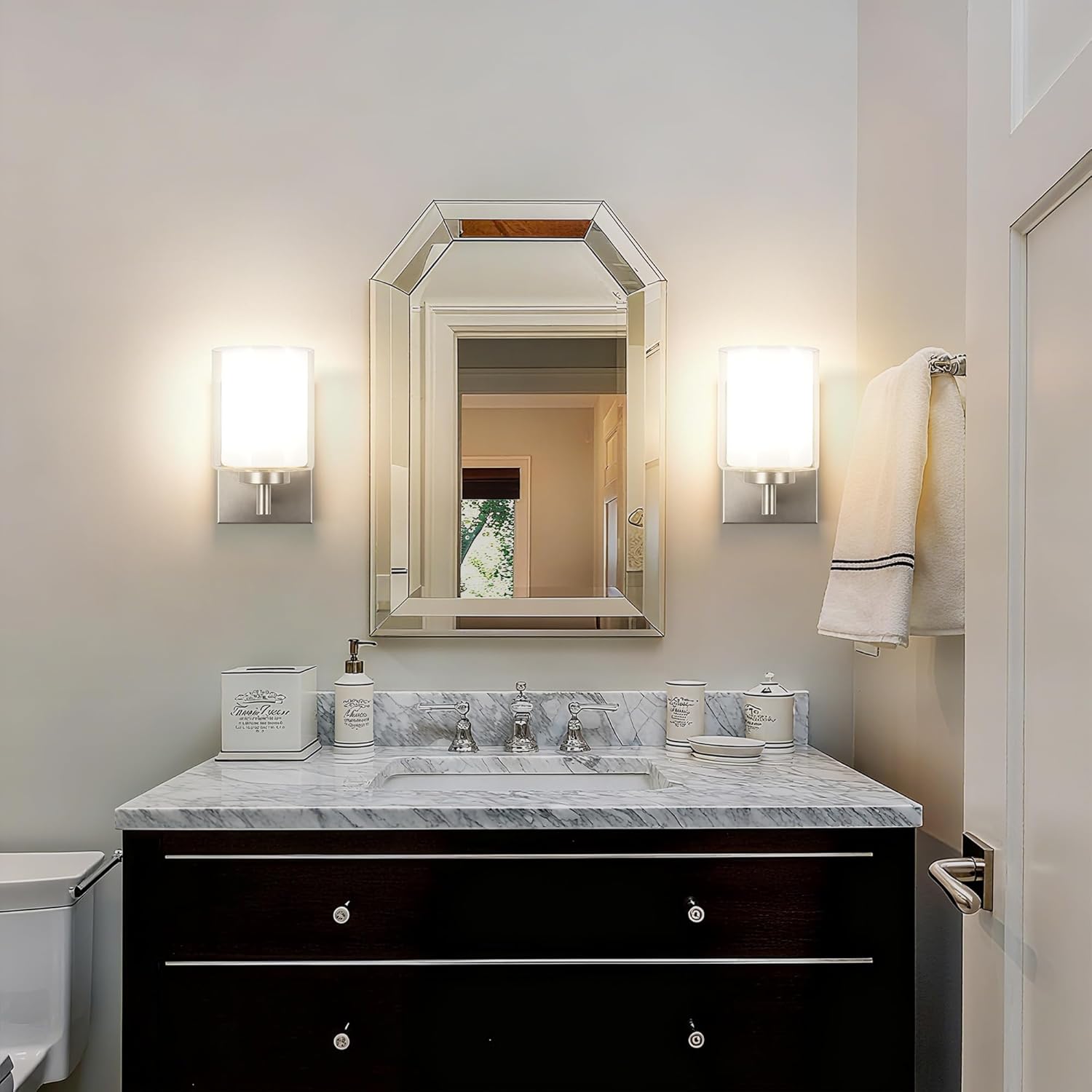 Battery Operated Wall Sconce Set of 2, 10000mAh Wireless Rechargeable Wall Sconce with Remote Control, RGB Dimmable Bathroom Light Fixtures with Double Clear Glass Shade for Mirror Bedroom