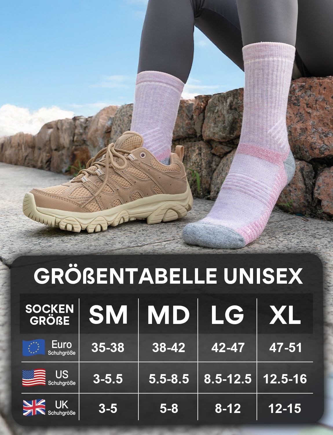 Juclise Sommer Merinowolle Wandersocken für Damen mit Kompression Anti-Blasen-Polsterung atmungsaktiv anti-schweiß